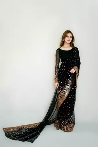 Heavy Soft Georgette Sequins embroidery work Black Color Saree With Blouse Set