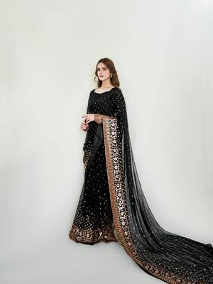 black soft georgette saree with sequins embroidery work 2