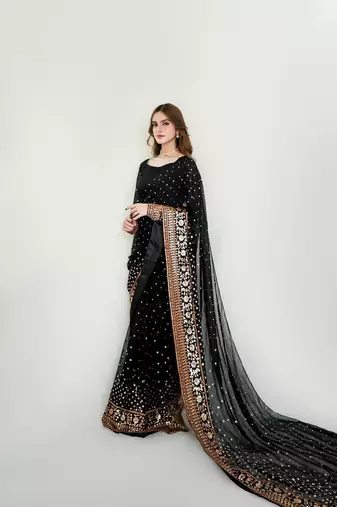 black soft georgette saree with sequins embroidery work