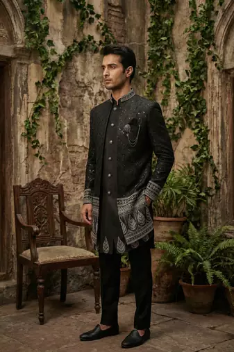 Black sequins and thread embroidered indowestern