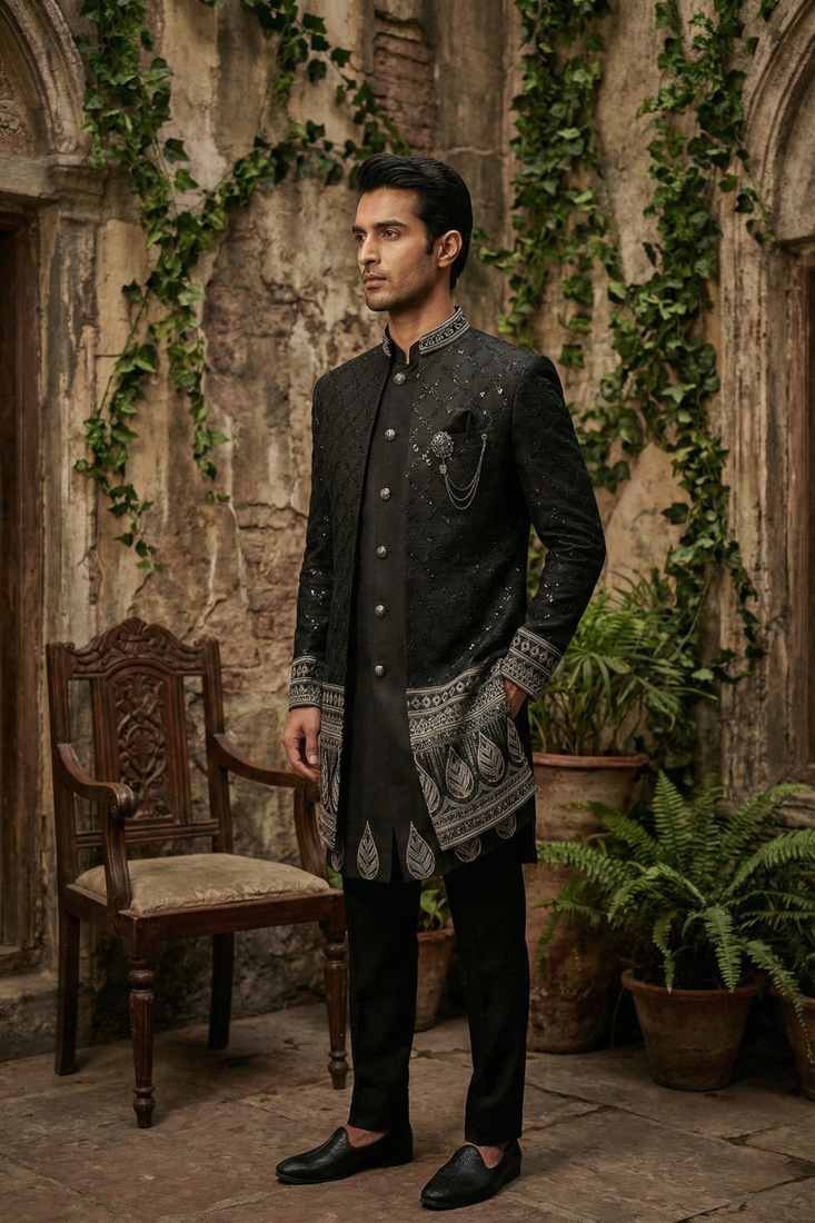 Black sequins and thread embroidered indowestern