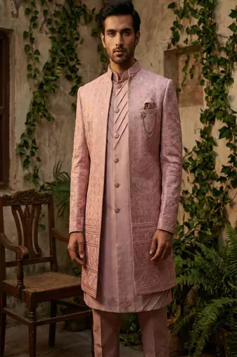 Pink thread and sequins embroidered indowestern
