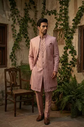 Pink thread and sequins embroidered indowestern