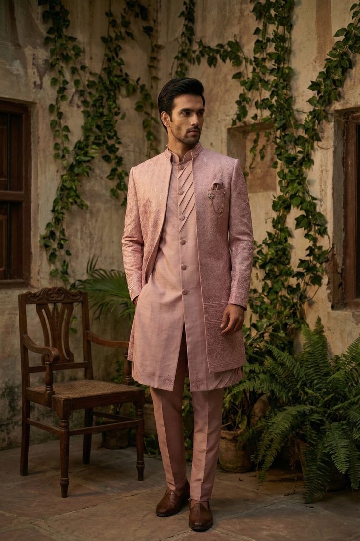 Pink thread and sequins embroidered indowestern