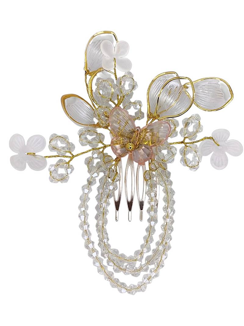 Silver plated crystal beaded embellished baby pink comb hair pin
