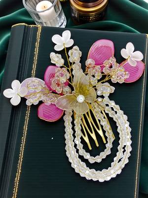 Silver plated crystal beaded embellished pink comb hair pin 1
