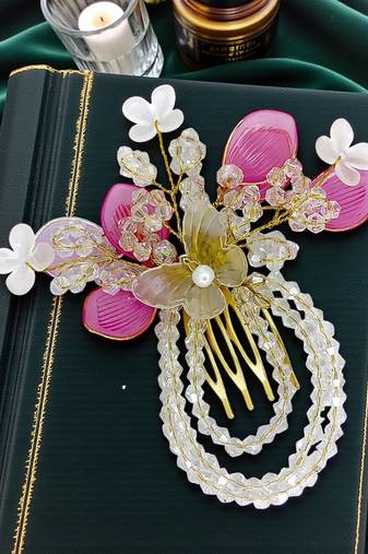 Silver plated crystal beaded embellished pink comb hair pin