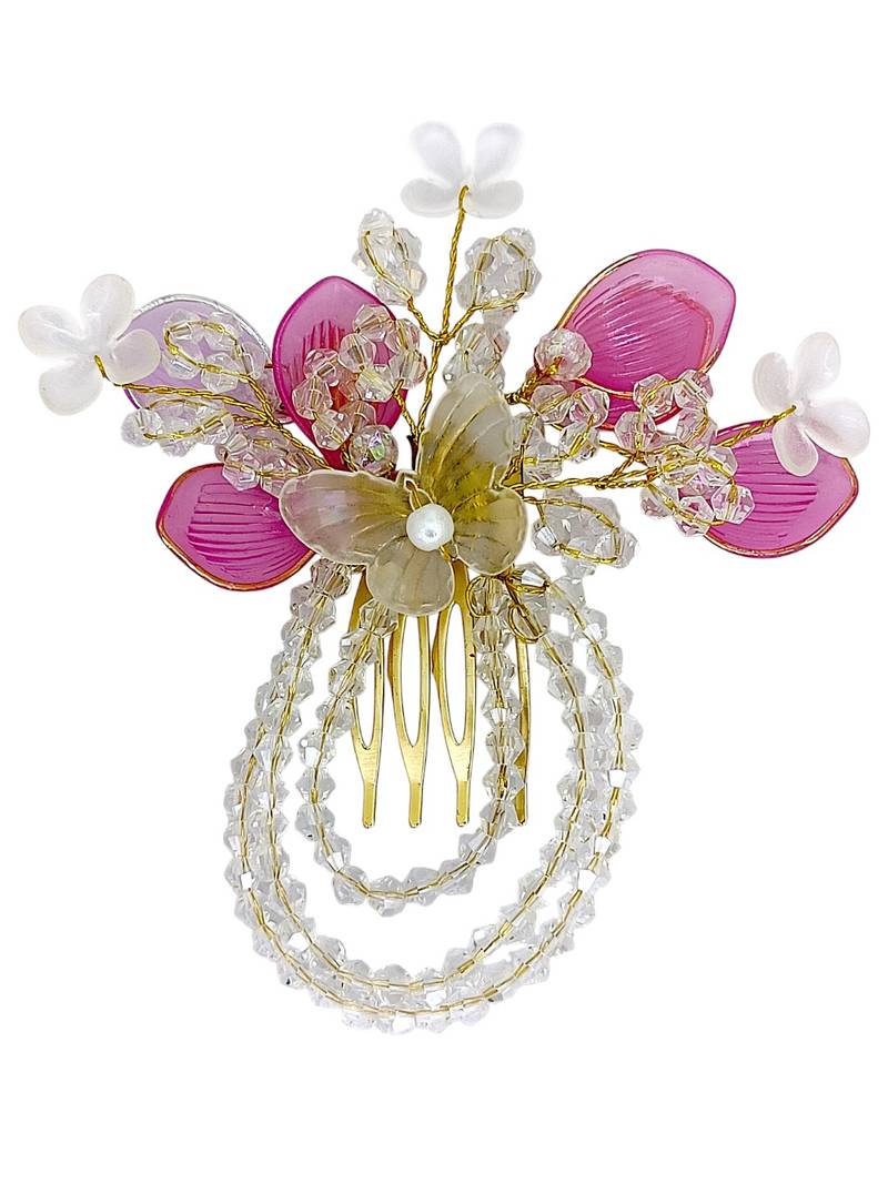 Silver plated crystal beaded embellished pink comb hair pin
