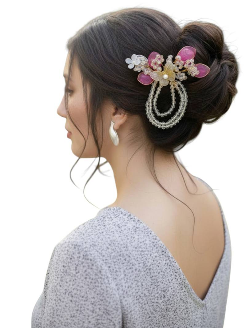 Silver plated crystal beaded embellished pink comb hair pin