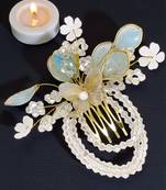 Silver plated crystal beaded embellished syk blue comb hair pin