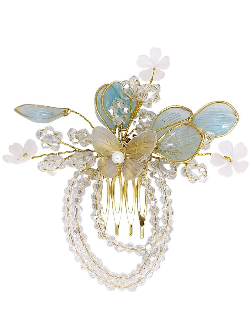 Silver plated crystal beaded embellished syk blue comb hair pin