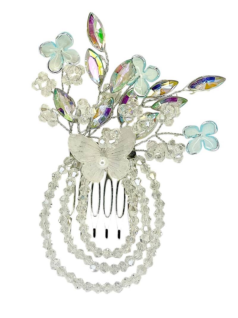 Gold plated crystal beaded embellished blue comb hair pin