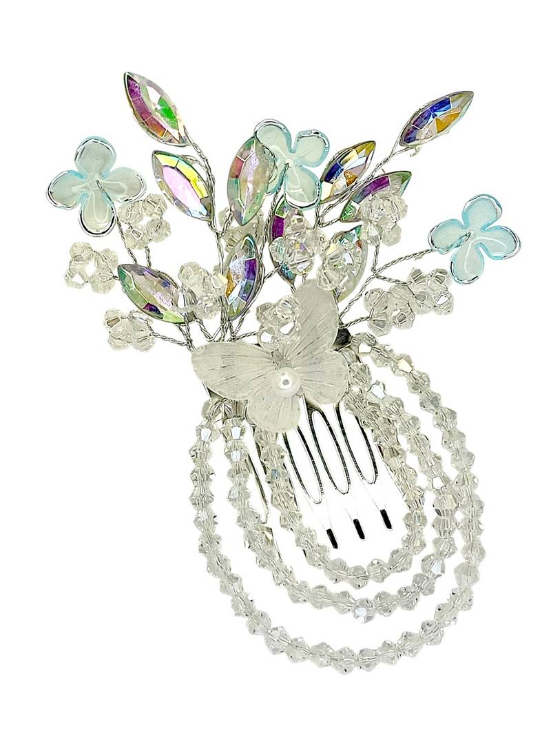 Gold plated crystal beaded embellished blue comb hair pin