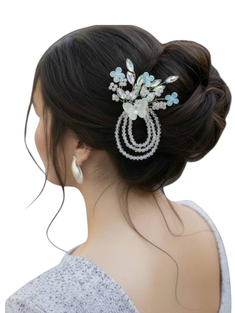 Gold plated crystal beaded embellished blue comb hair pin