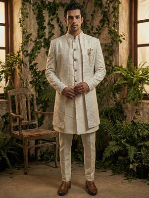 Ivory thread and sequins embroidered indowestern 1
