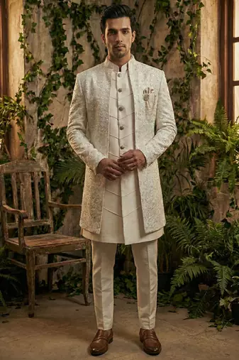 Ivory thread and sequins embroidered indowestern