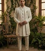 Ivory thread and sequins embroidered indowestern