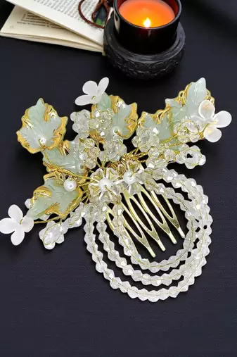 Gold plated crystal beaded embellished light green comb hair pin