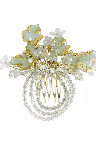 Gold plated crystal beaded embellished light green comb hair pin