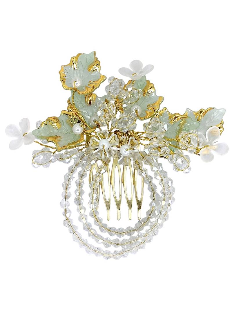 Gold plated crystal beaded embellished light green comb hair pin