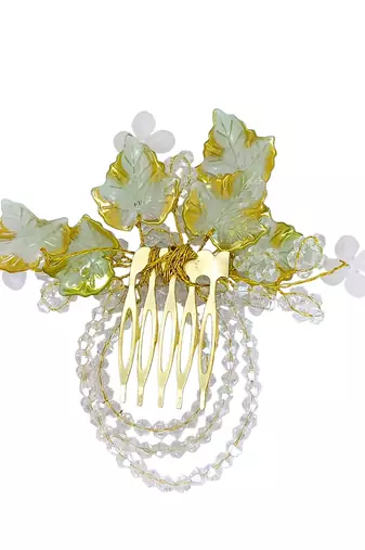 Gold plated crystal beaded embellished light green comb hair pin