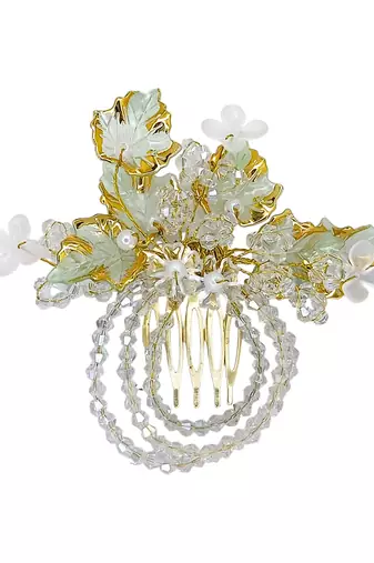 Gold plated crystal beaded embellished light green comb hair pin