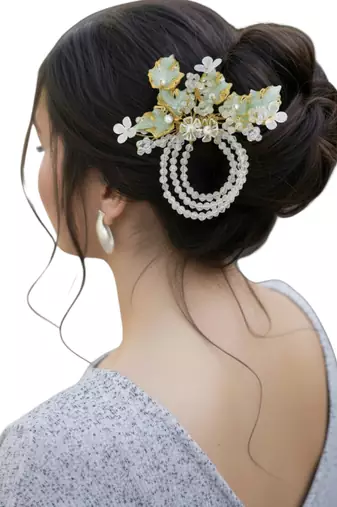 Gold plated crystal beaded embellished light green comb hair pin