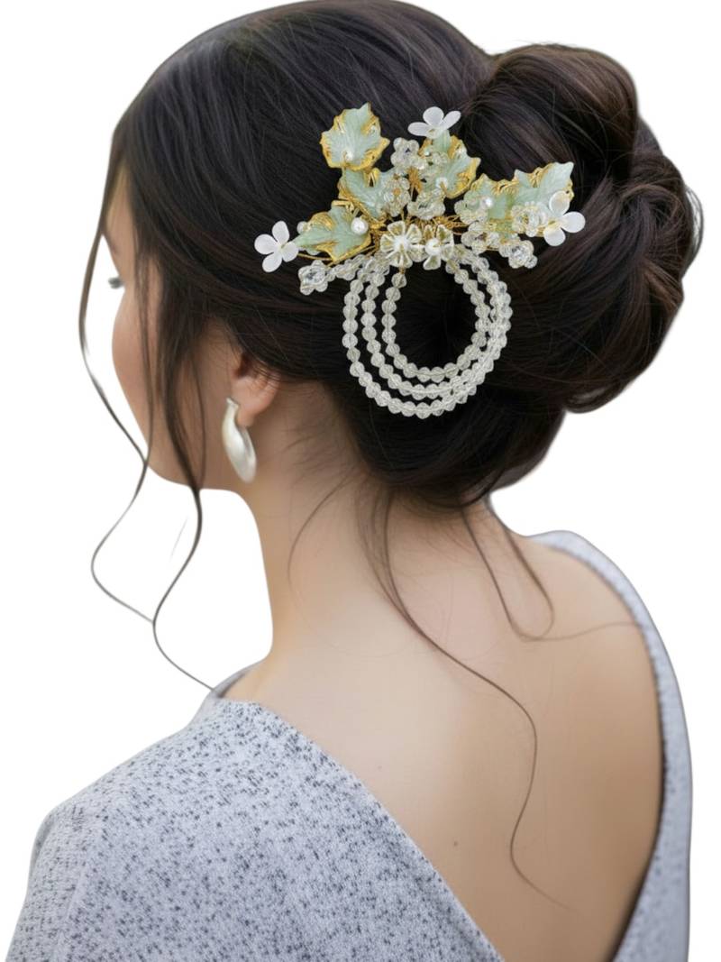 Gold plated crystal beaded embellished light green comb hair pin