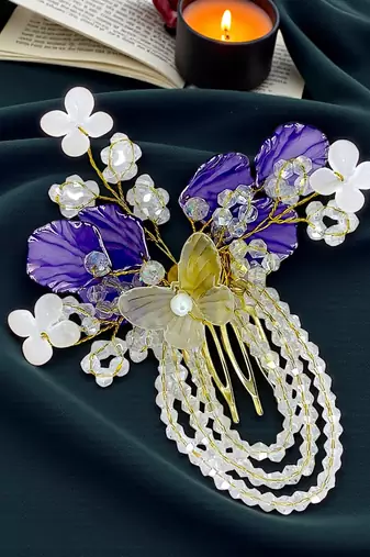 Gold plated crystal beaded embellished purple comb hair pin