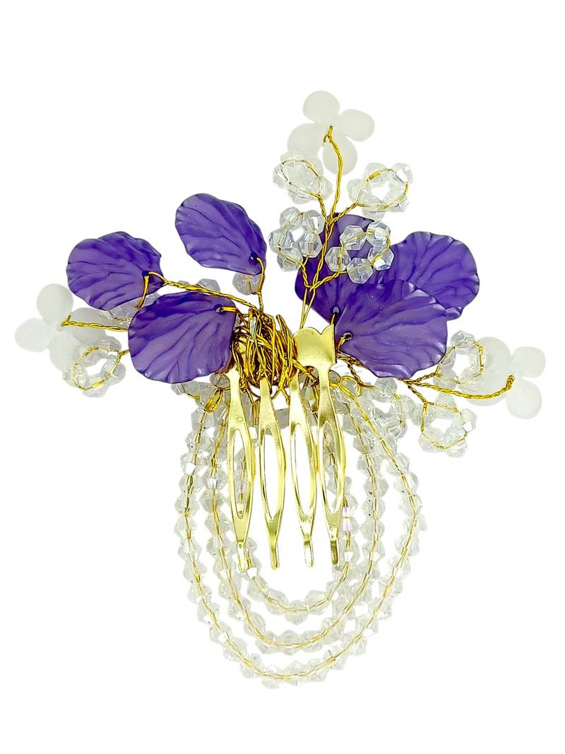 Gold plated crystal beaded embellished purple comb hair pin