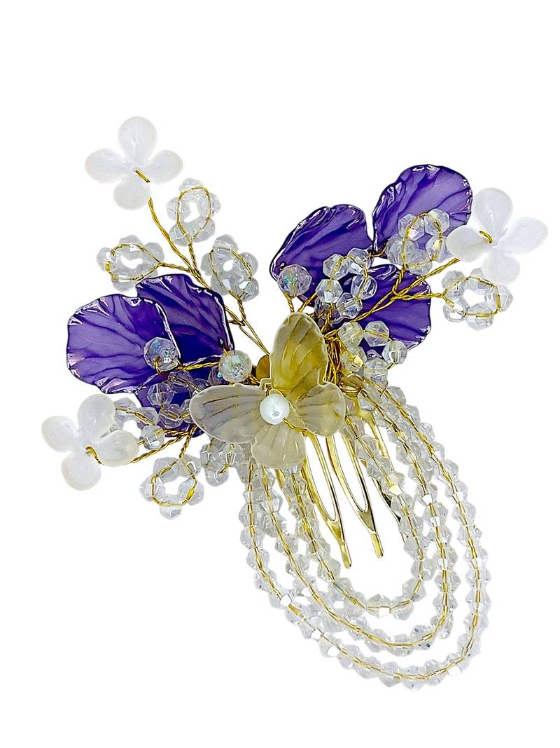 Gold plated crystal beaded embellished purple comb hair pin