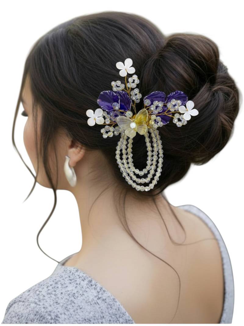 Gold plated crystal beaded embellished purple comb hair pin