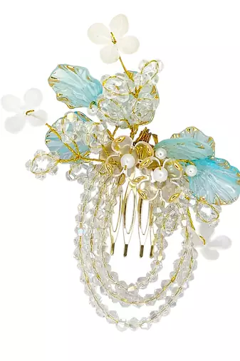 Gold plated crystal beaded embellished light blue comb hair pin