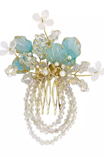 Gold plated crystal beaded embellished light blue comb hair pin