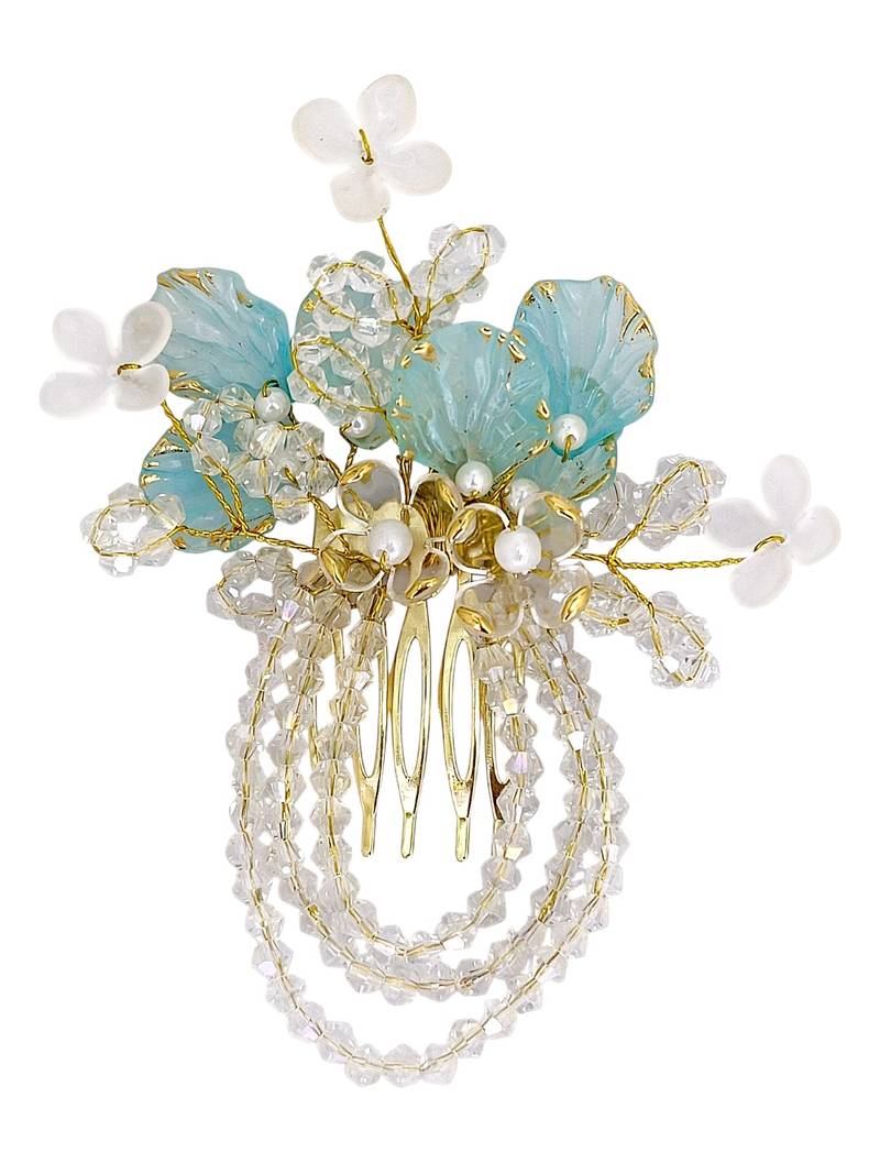 Gold plated crystal beaded embellished light blue comb hair pin