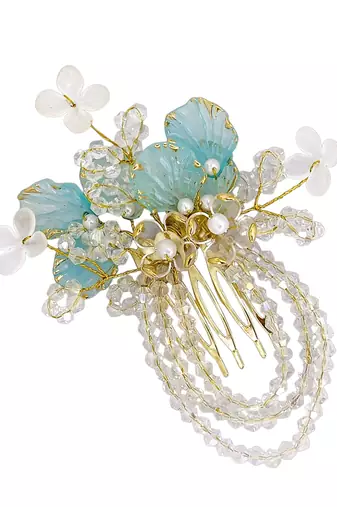 Gold plated crystal beaded embellished light blue comb hair pin