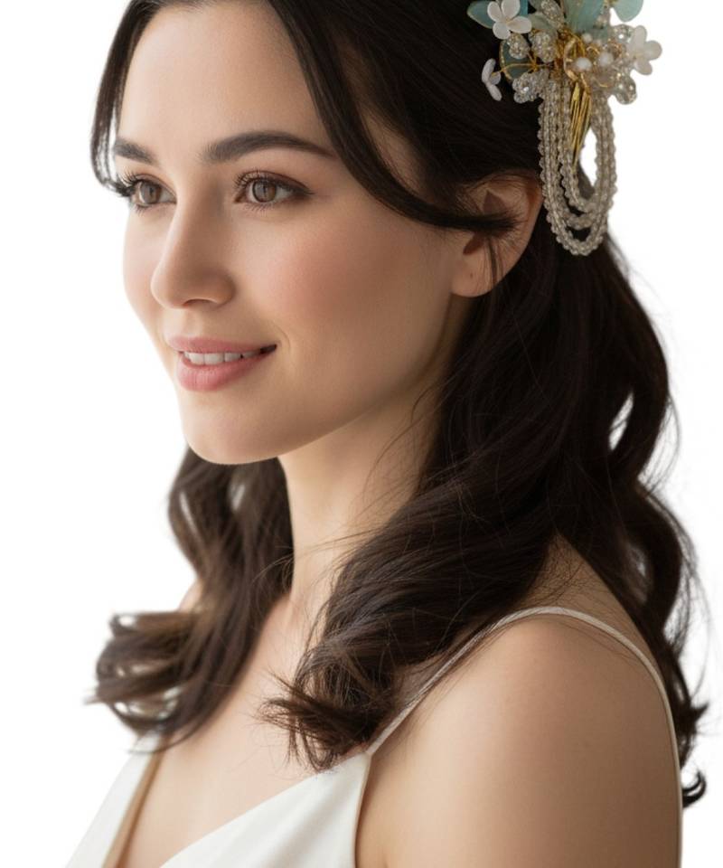 Gold plated crystal beaded embellished light blue comb hair pin