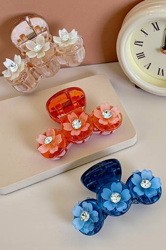 Set of 3 multicolor floral cz embellished hair clutchers