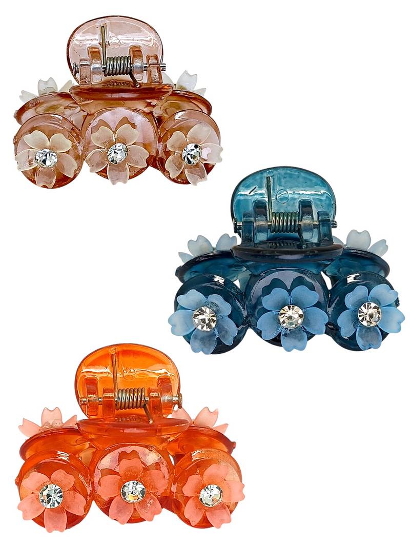 Set of 3 multicolor floral cz embellished hair clutchers