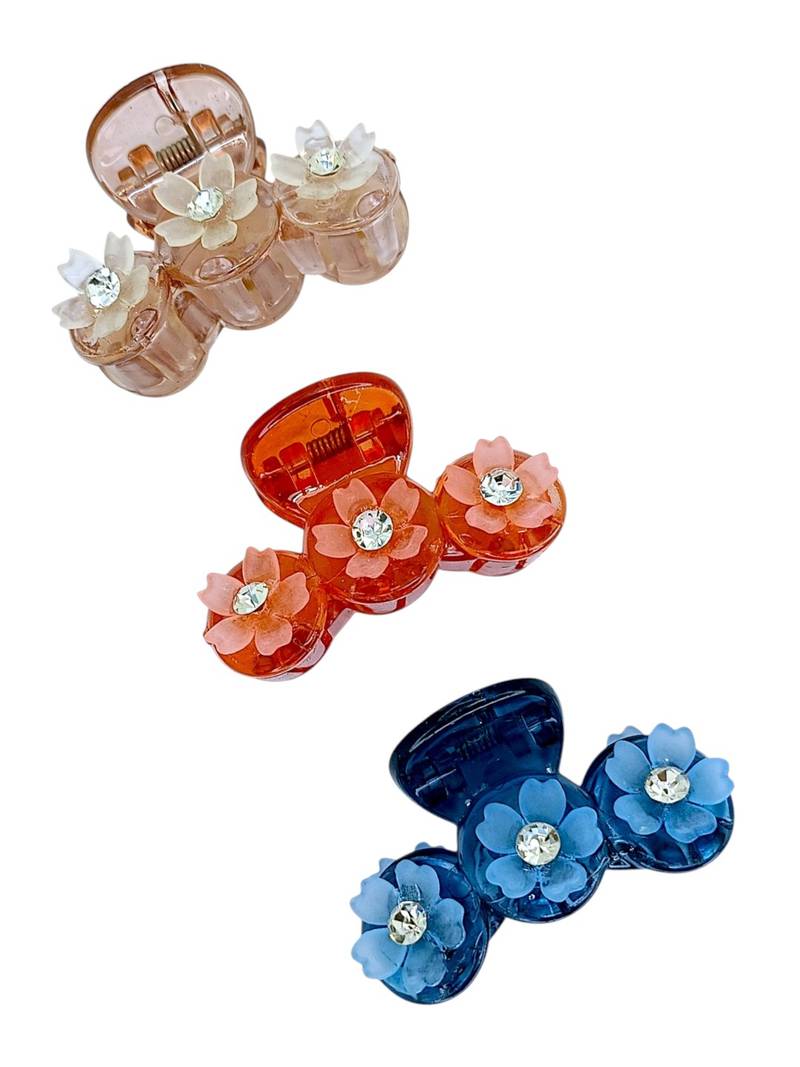 Set of 3 multicolor floral cz embellished hair clutchers