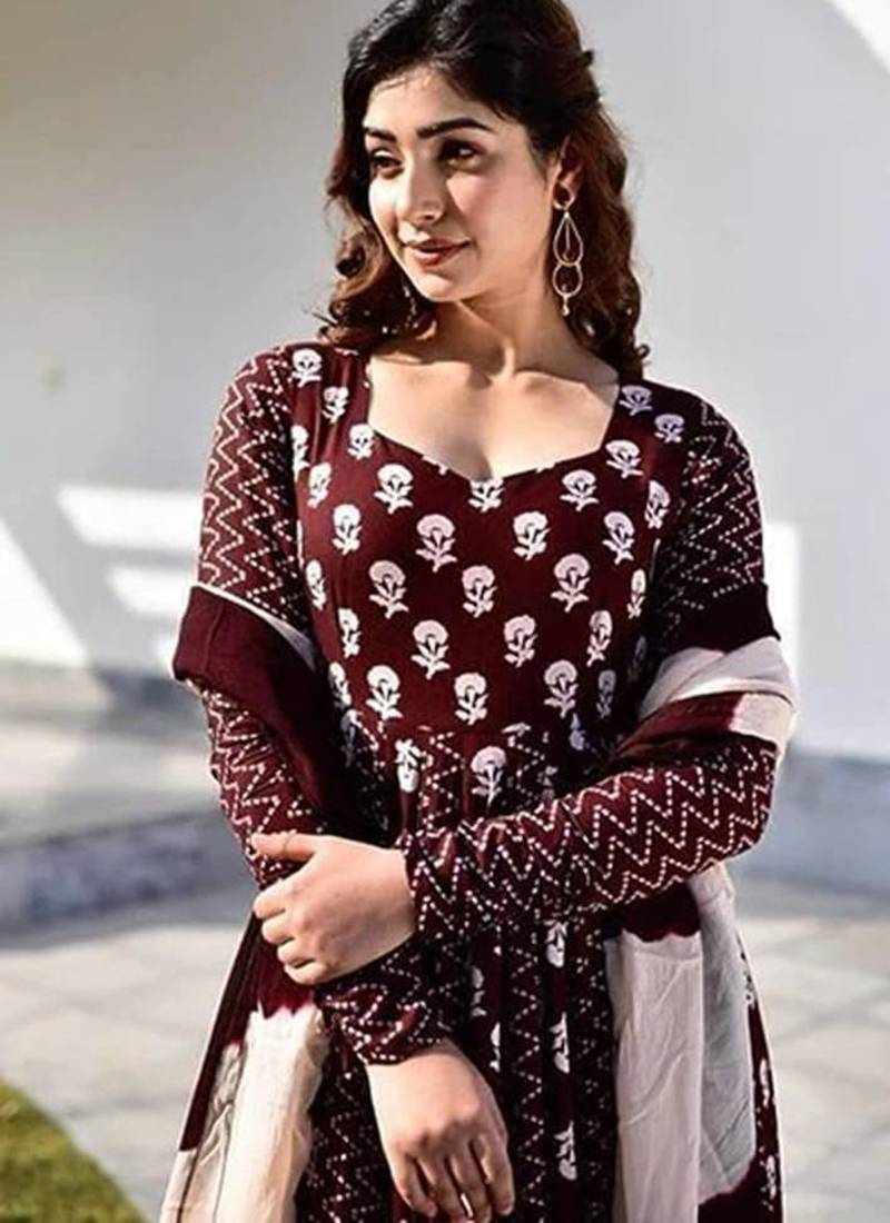 Jaipuri Coffee Maroon Anarkali Gown With Dupatta Set