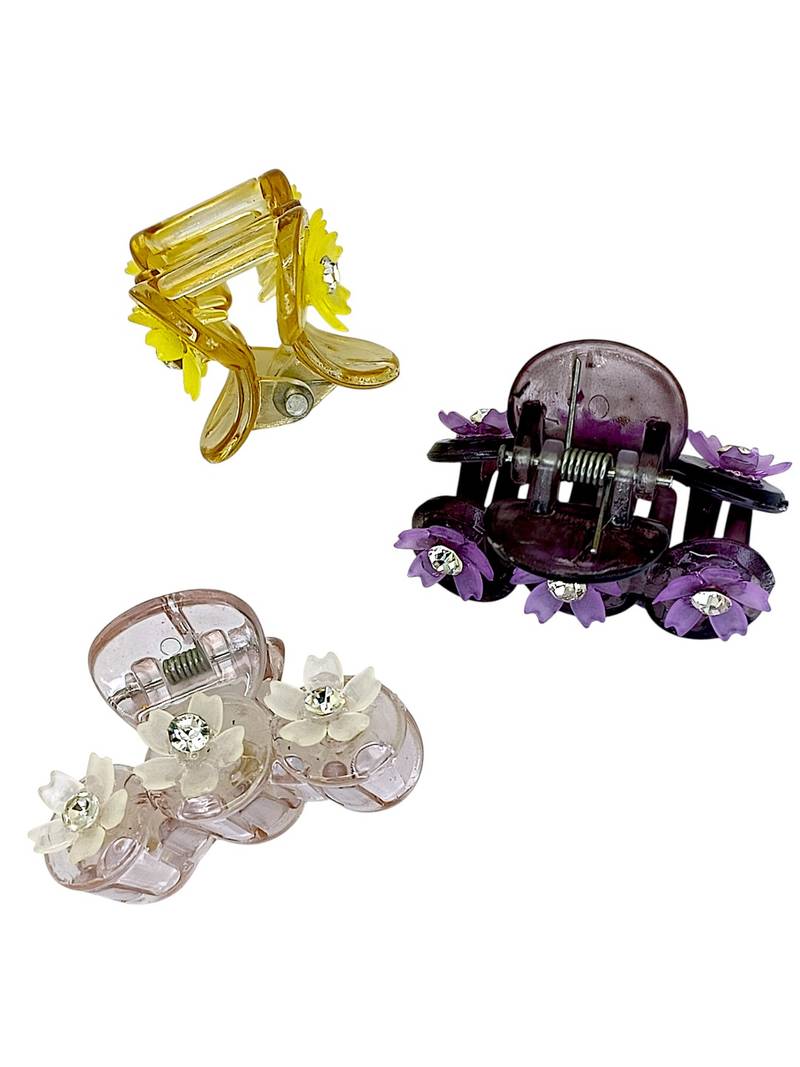 Set of 3 multicolor floral cz embellished hair clutchers