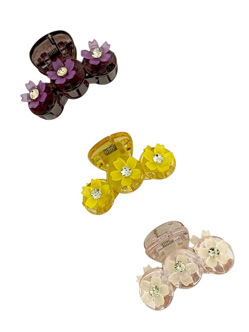 Set of 3 multicolor floral cz embellished hair clutchers