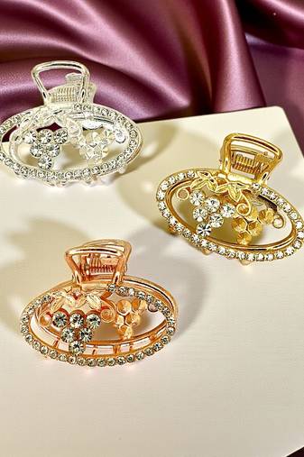 Multitone set of 3 cz oval metal claw clip