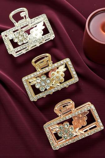 Multitone set of 3 cz rectangular metal claw clip