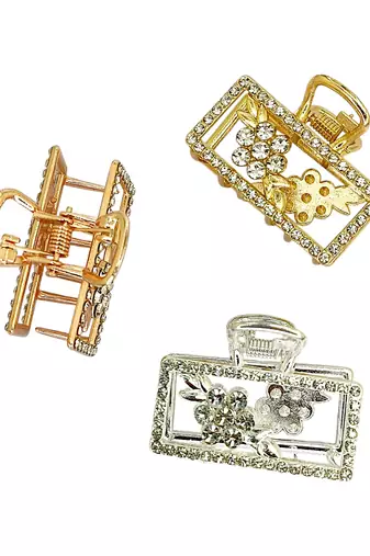 Multitone set of 3 cz rectangular metal claw clip