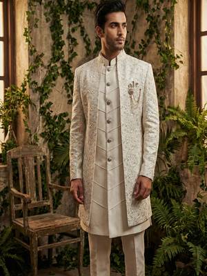 Ivory thread and sequins embroidered indowestern 2