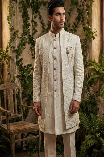 Ivory thread and sequins embroidered indowestern