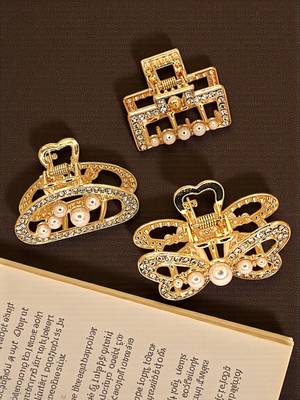 Gold plated set of 3 cz embellished hair claw clip clutchers 1