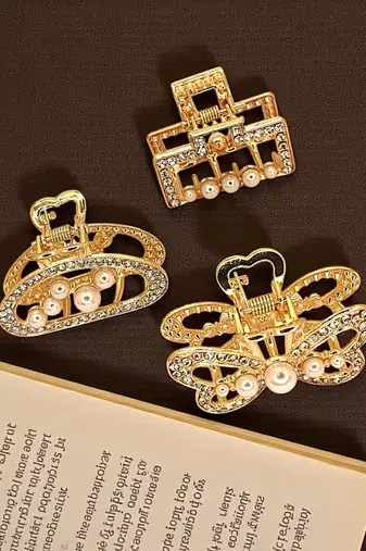 Gold plated set of 3 cz embellished hair claw clip clutchers